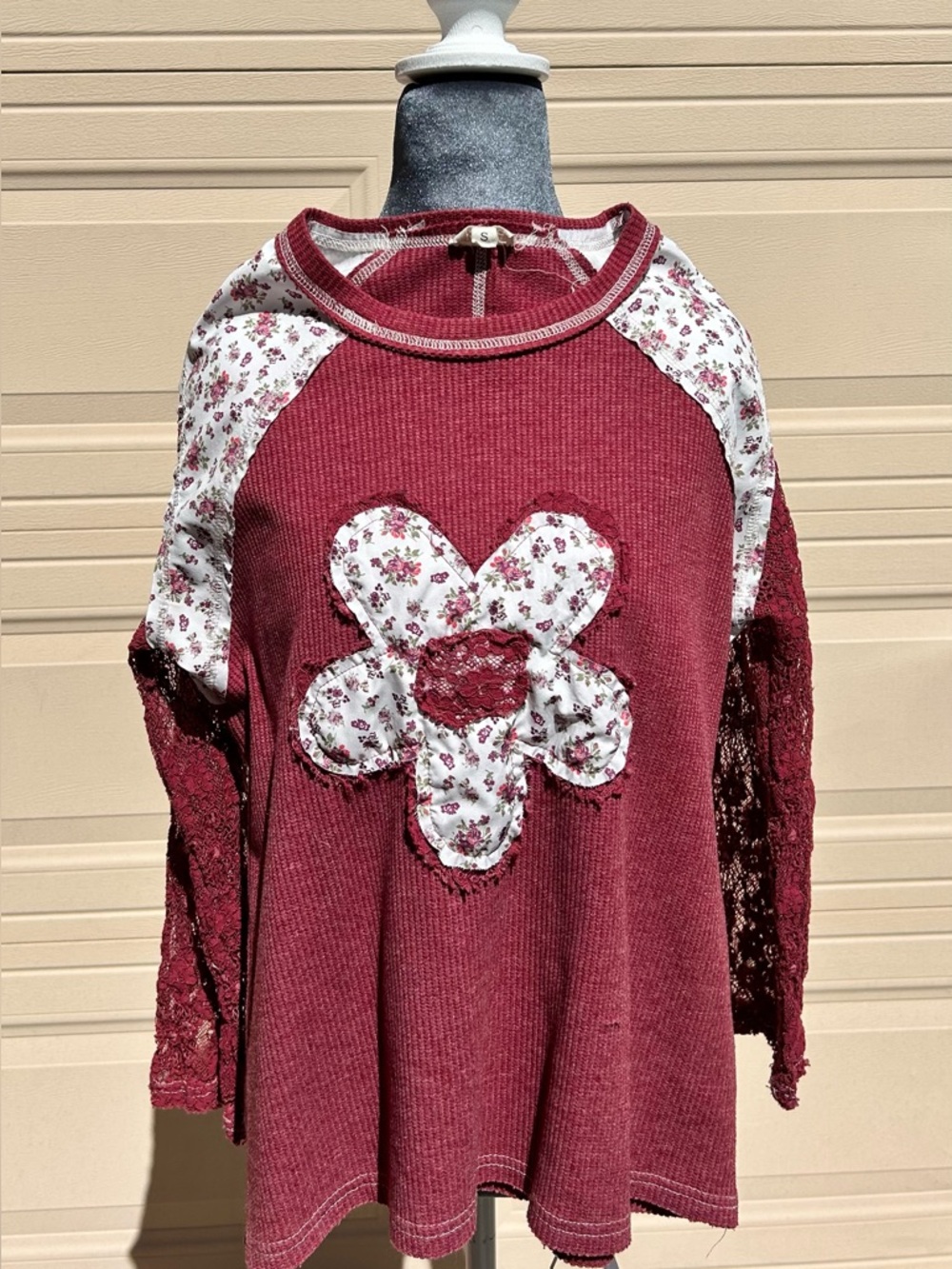 POL Burgundy Floral Patchwork Raglan Sweatshirt